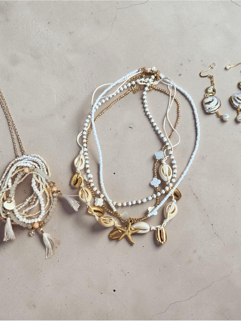 White shell and stone set necklace bracelet earrings
